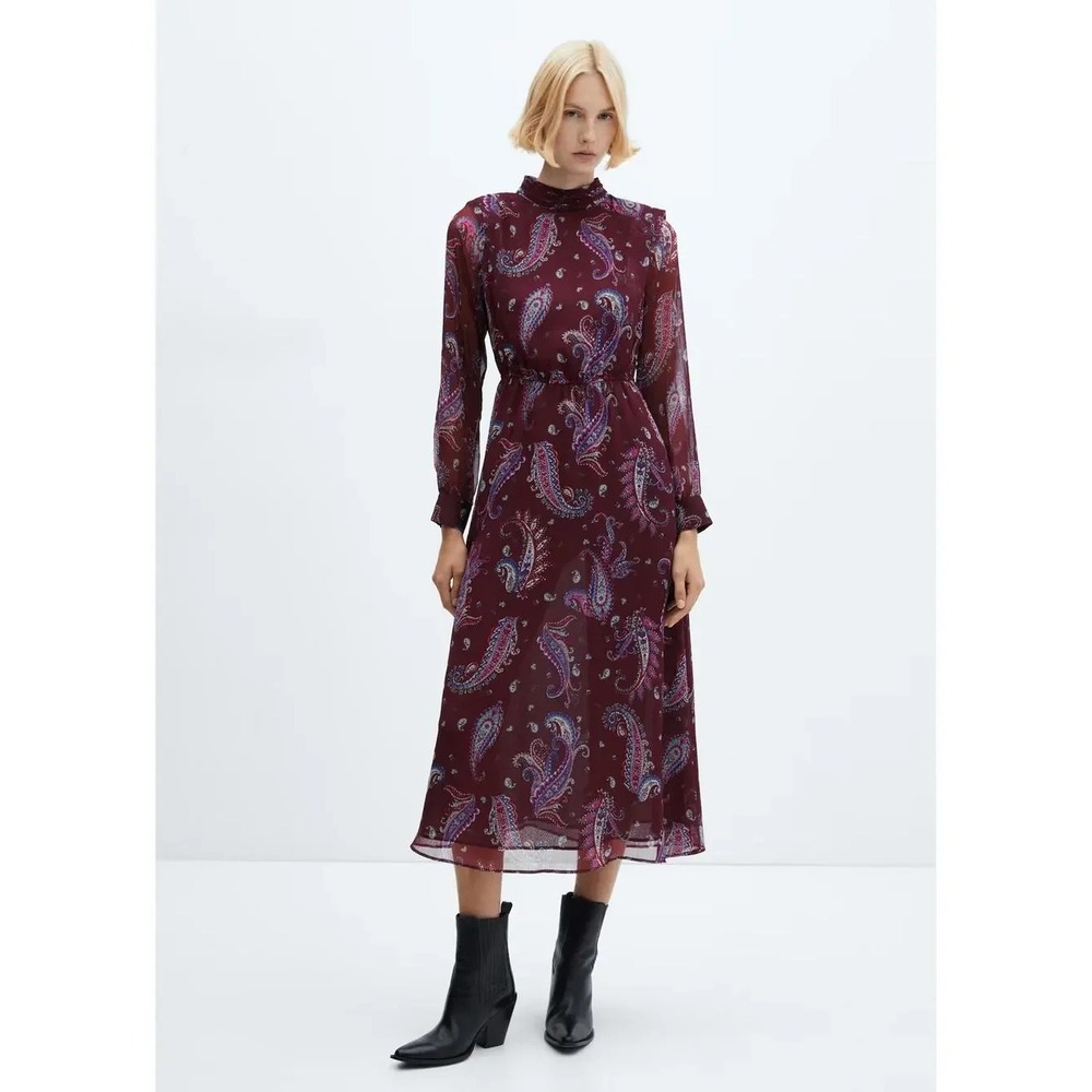 Mango Burgundy Paisley Print Sheer Chiffon Long Sleeve Midi Dress Women's XS